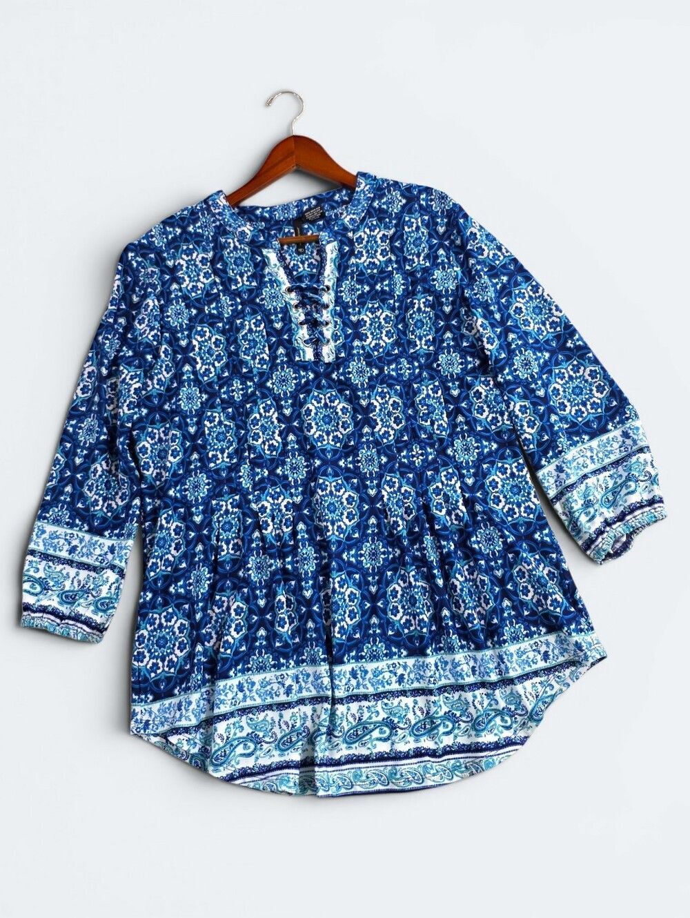 New Directions Boho Medallion Print Lace Up Pleated Tunic Blouse Top Blue Large